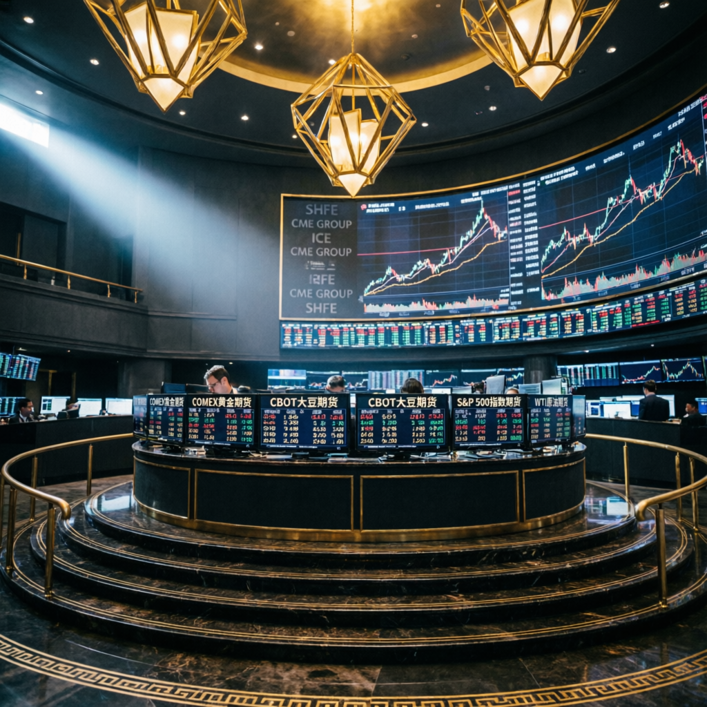 Futures trading floor with golden elements and multiple screens