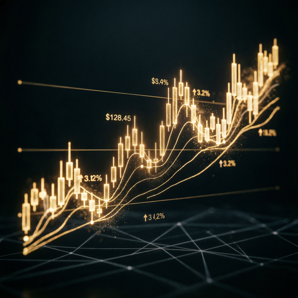 Holographic candlestick chart showing golden uptrend