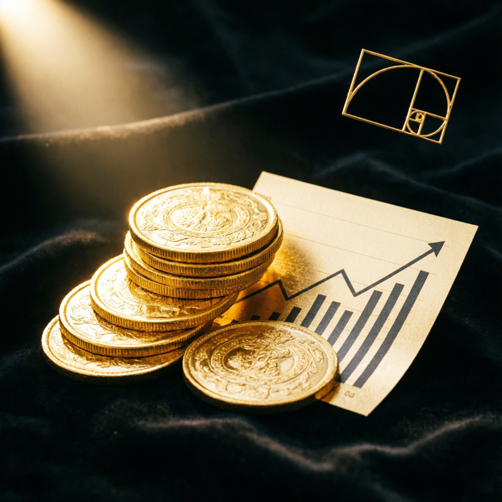 Luxury gold coins and trading charts representing wealth management