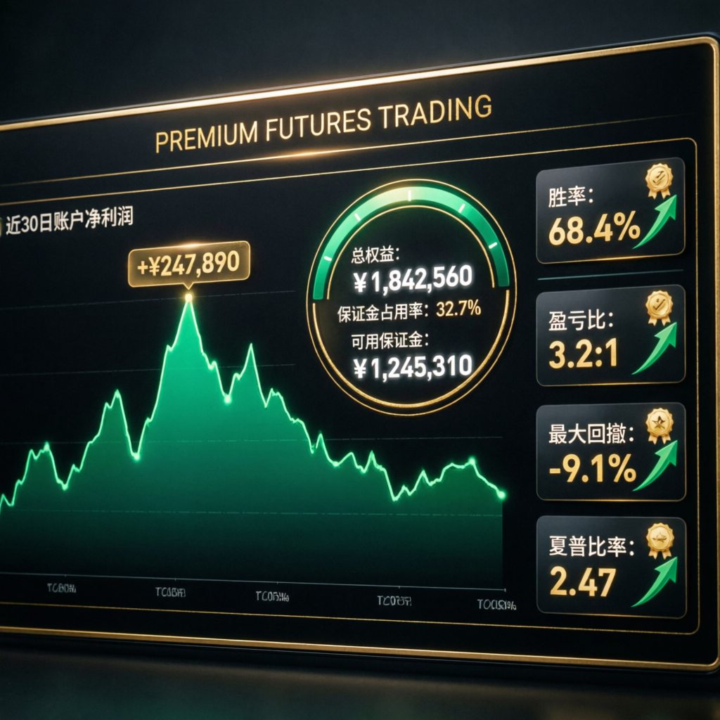 Premium futures trading dashboard showing profit performance