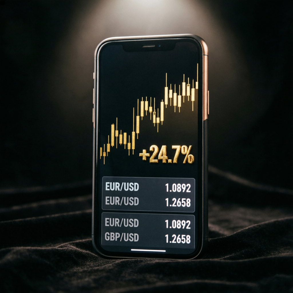 Mobile phone displaying premium forex trading app with golden charts