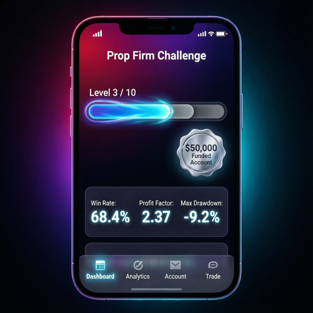 Mobile trading app showing prop firm challenge progress and funded account metrics