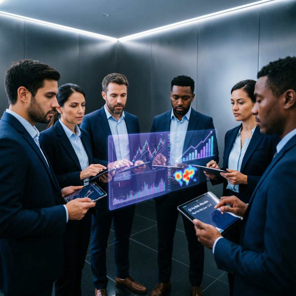 Expert trading team analyzing financial data with holographic displays