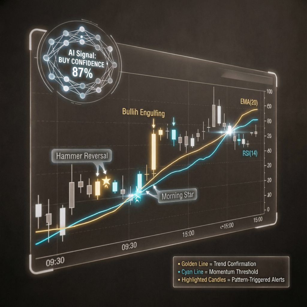 Trading strategy blueprint with AI analysis overlay and candlestick patterns