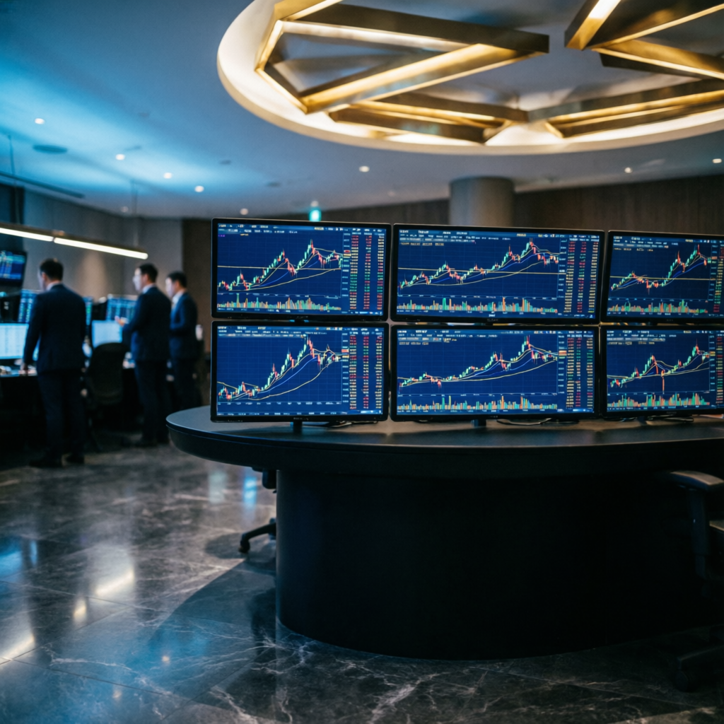 Professional futures trading floor with multiple monitors showing trading charts