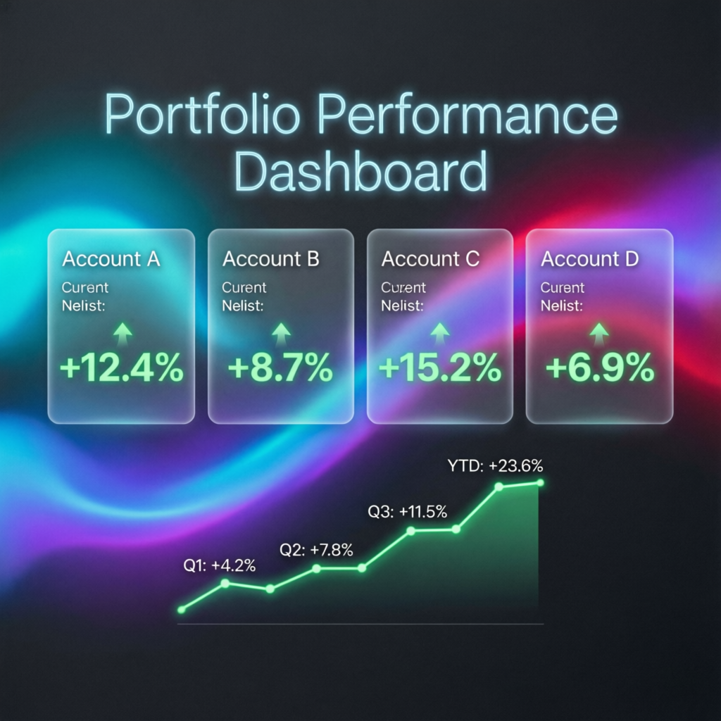 Portfolio performance dashboard showing consistent profits across multiple accounts