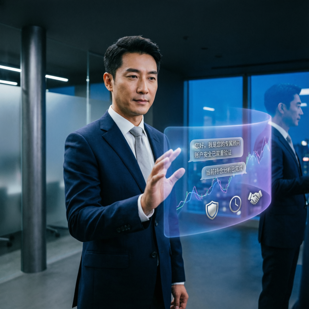 Professional customer support representative with holographic trading interface