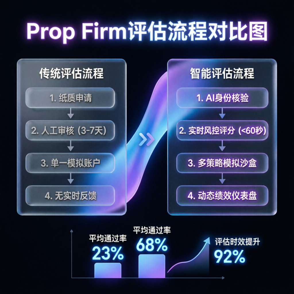 Prop firm evaluation process comparison infographic with modern glassmorphism design