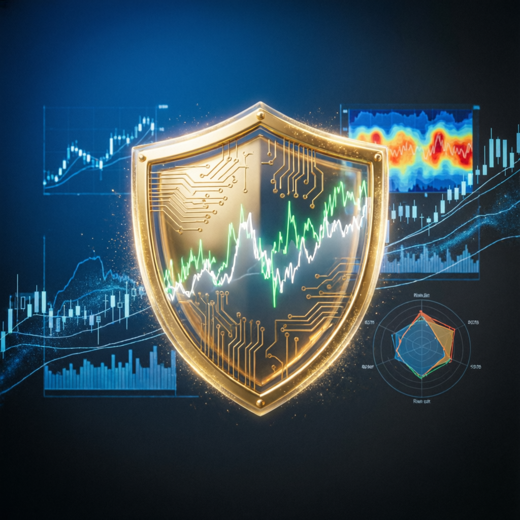 Risk management shield protecting financial trading charts