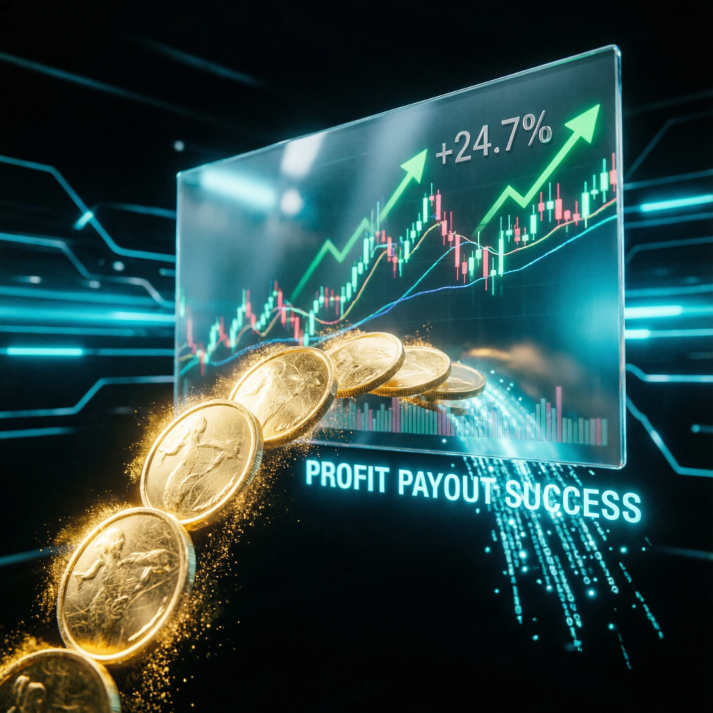 Profit payout success visualization with golden coins and trading charts