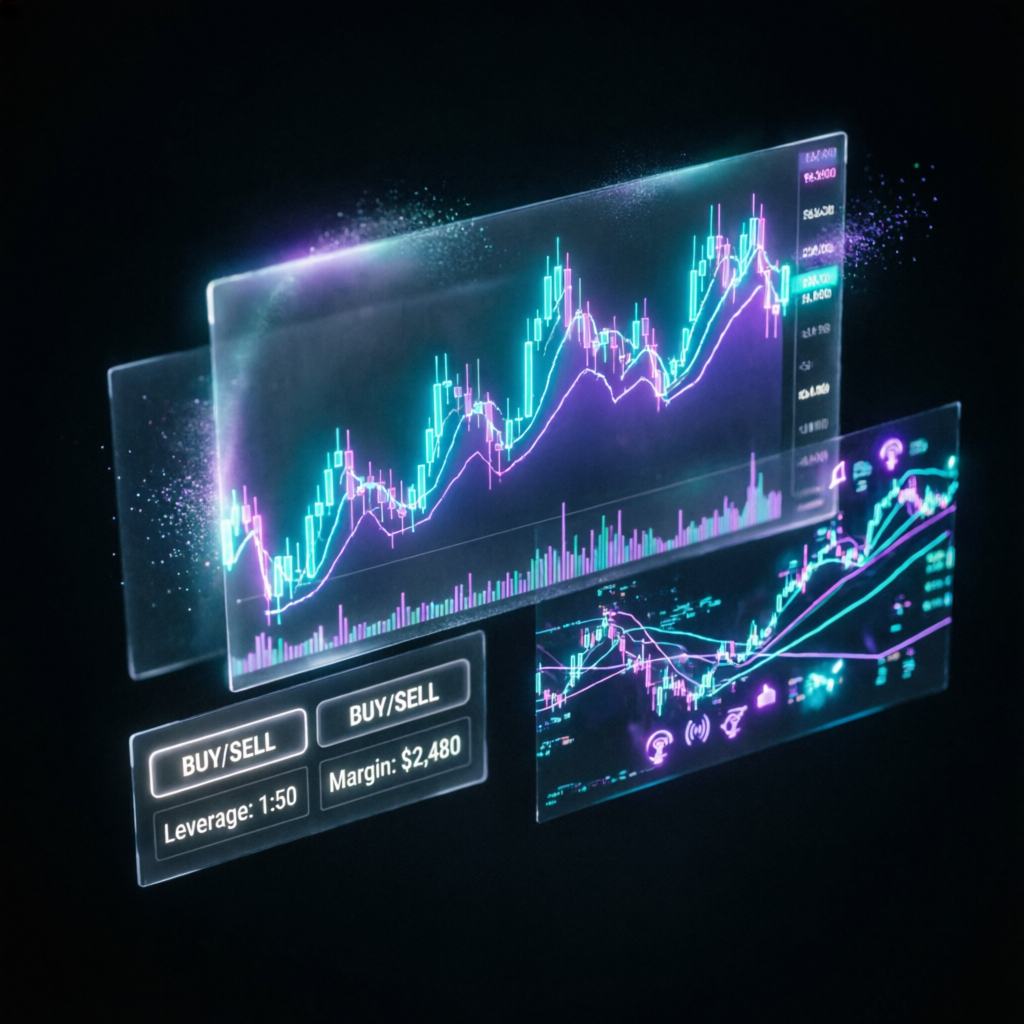 Futuristic AI trading dashboard with holographic financial charts representing Apex Trader Funding analysis