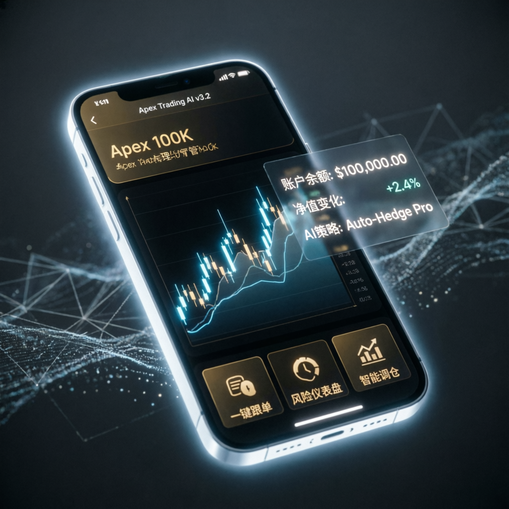 Mobile trading interface showing Apex 100K account management with AI strategy