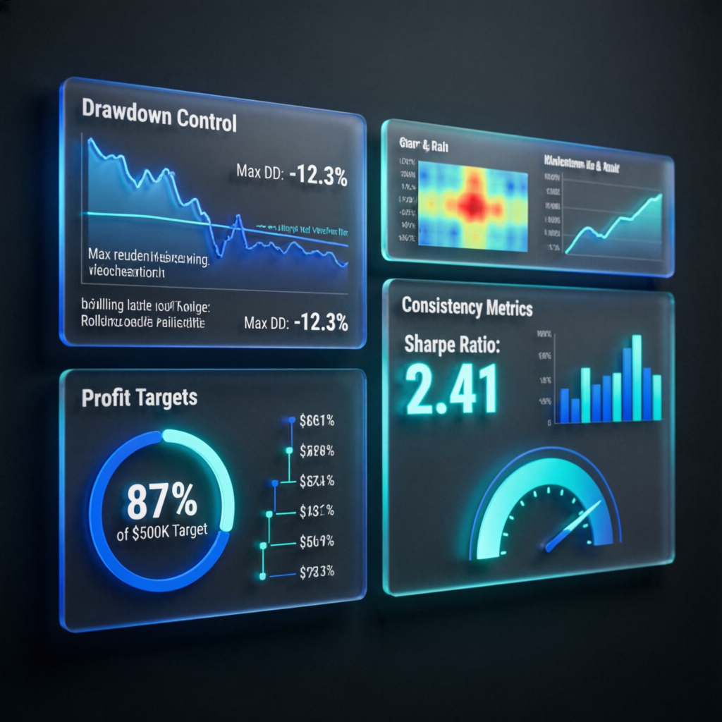 Advanced risk management dashboard showing drawdown control and consistency metrics
