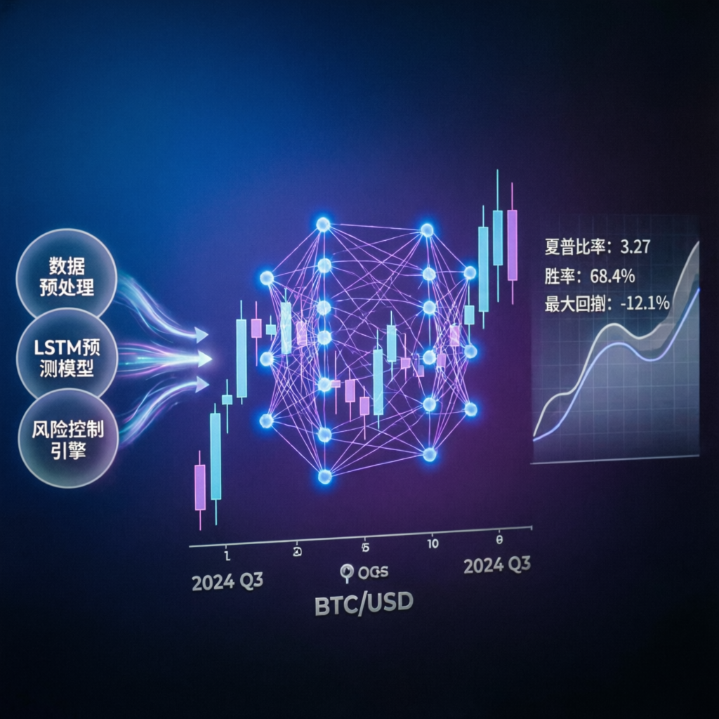 AI-powered trading strategy visualization with neural network and candlestick charts
