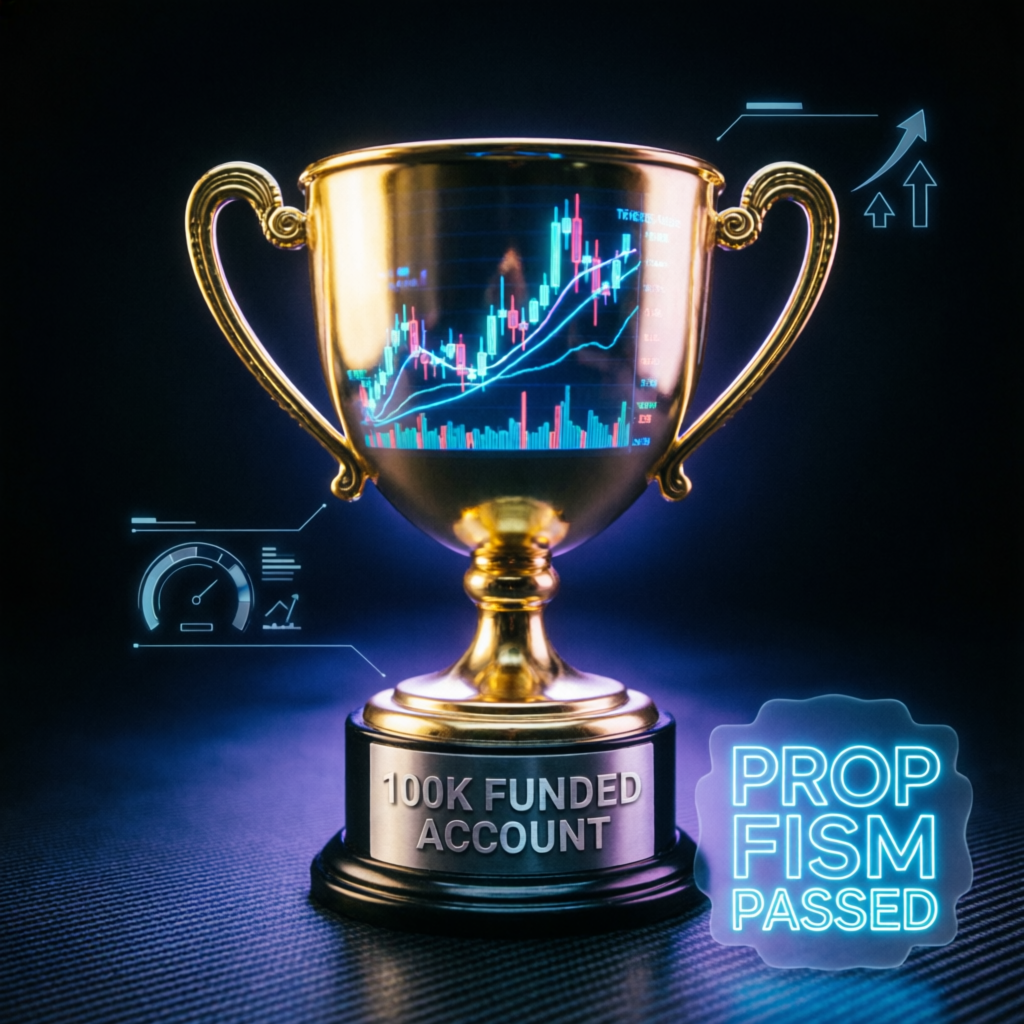 Golden trophy representing successful Apex 100K funded account achievement