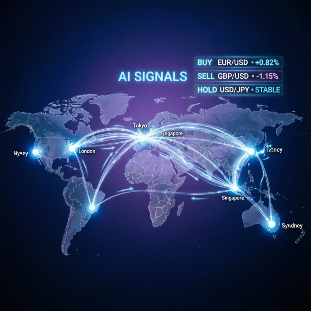 Global AI trading signals network connecting major financial centers worldwide