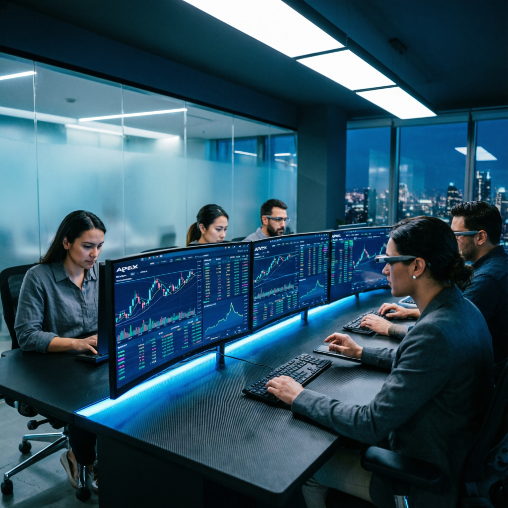 Professional trading team collaborating in modern dark office with multiple Apex trading screens