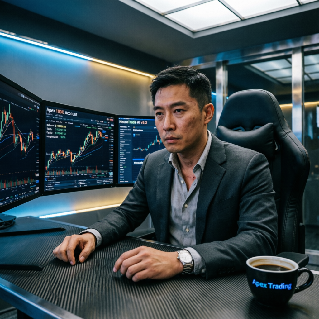 Professional trader managing Apex 100K account on multiple monitors