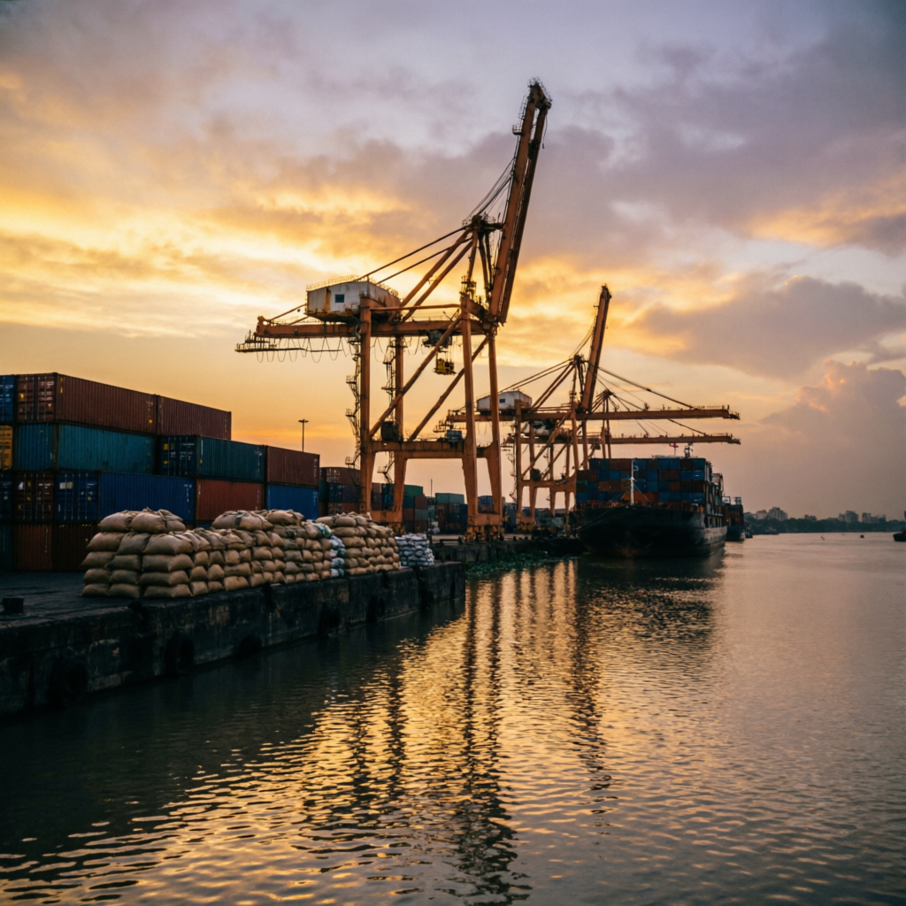 Kolkata port cranes and bagged cargo on the Hooghly at golden hour