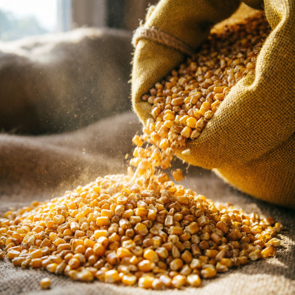 Golden corn DDGS granules pouring from a burlap sack
