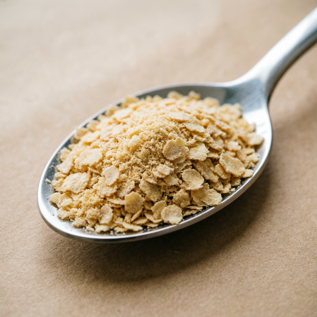Pale golden de-oiled rice bran flakes in a steel scoop on kraft paper
