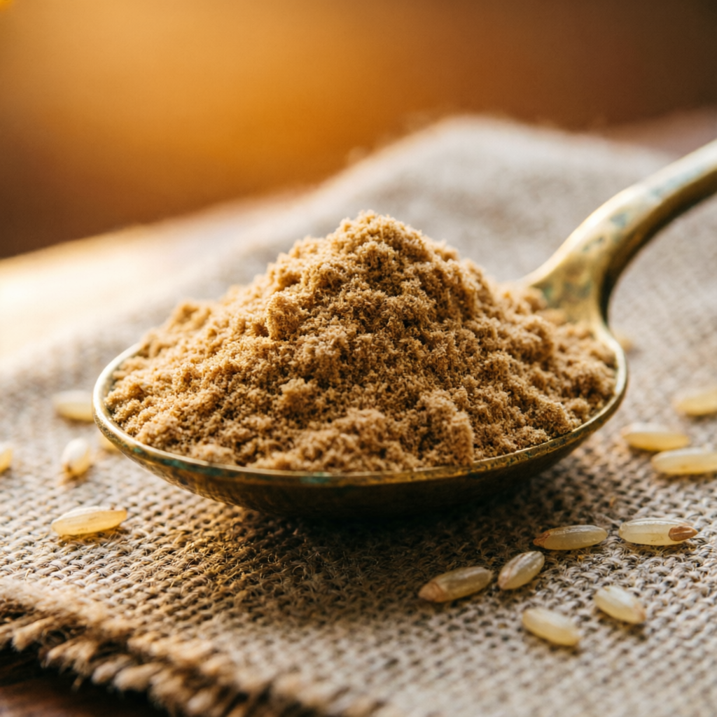 Fine golden raw rice bran powder in a brass scoop on jute cloth