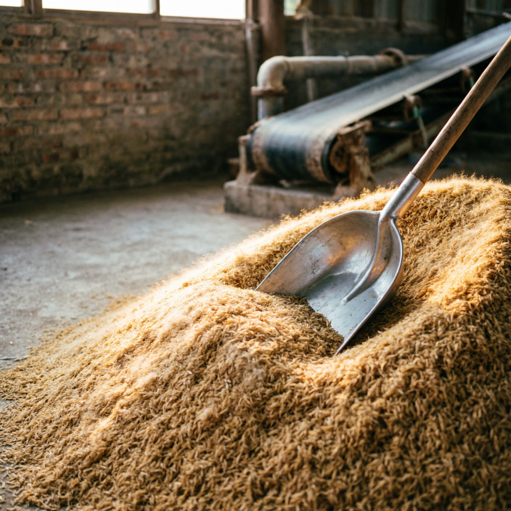 Heap of golden paddy husk with a steel scoop at a rice mill