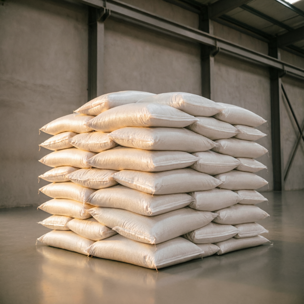 Neat stack of white woven polypropylene sacks in a warehouse