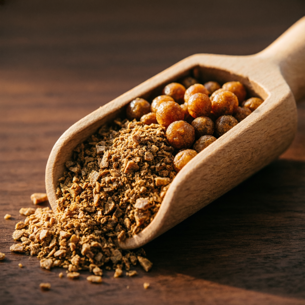 Amber rice DDGS crumble and pellets in a wooden scoop