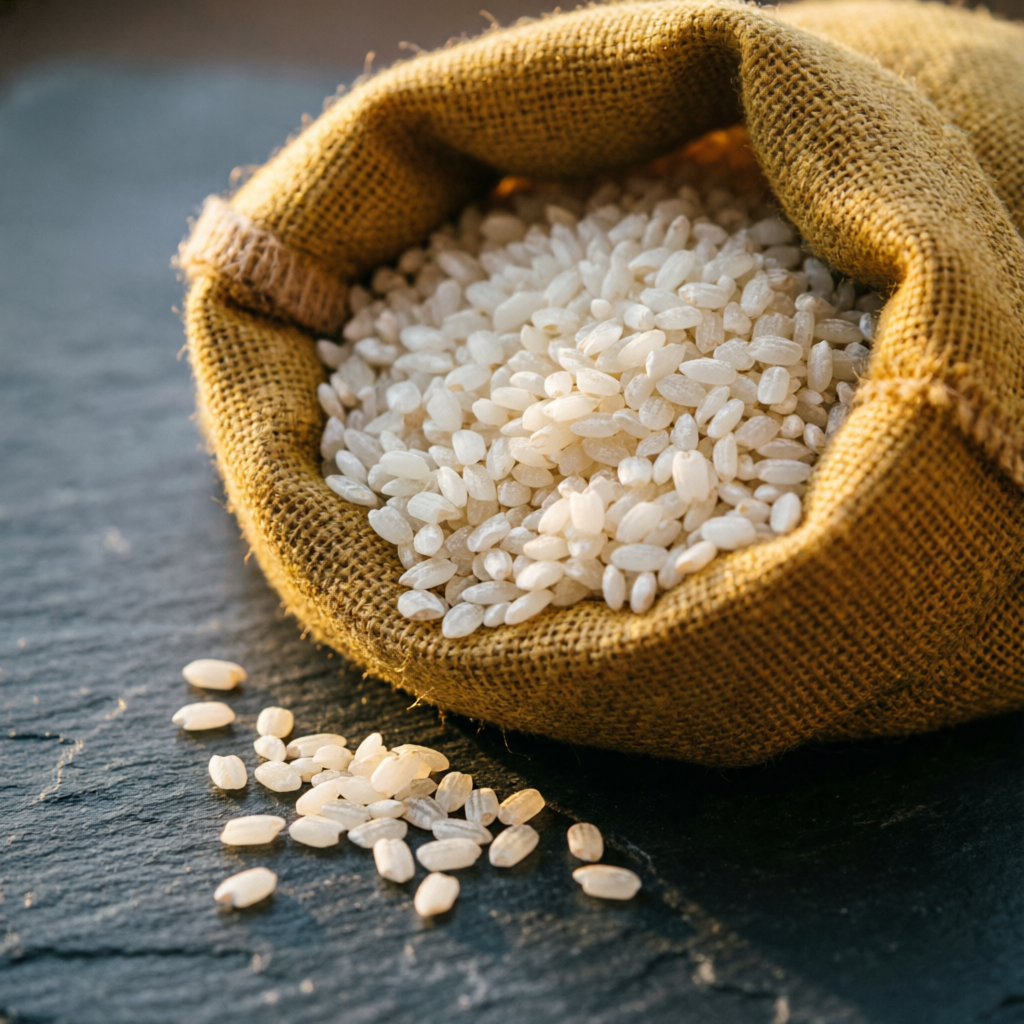 White broken rice grains in an open jute sack on dark slate