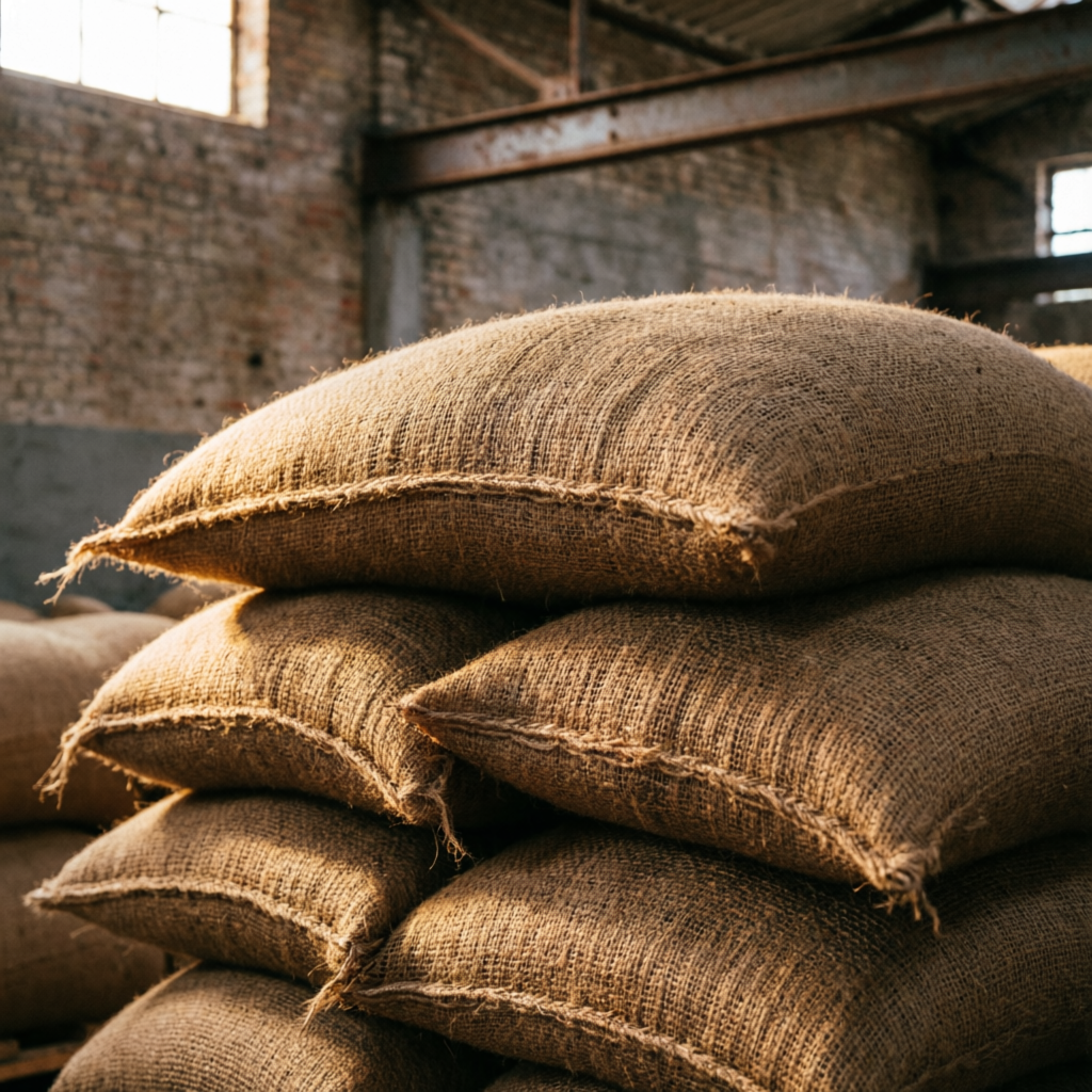 Stack of natural brown jute gunny bags with coarse weave