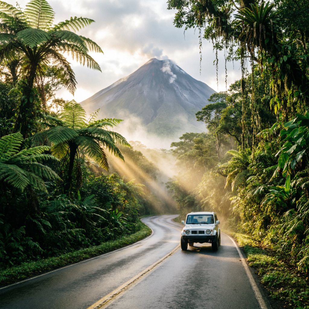 4x4 driving toward Arenal Volcano through the rainforest