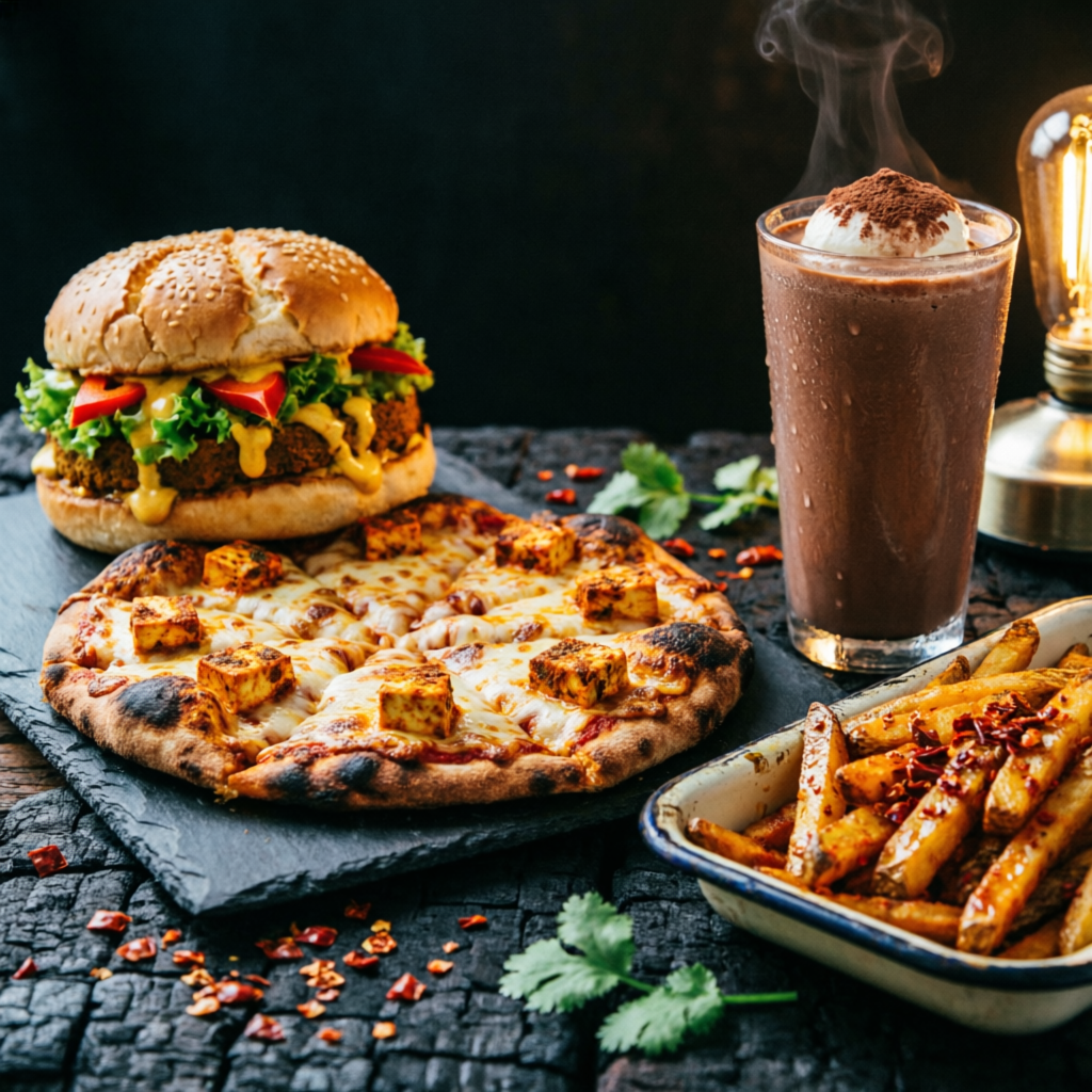 Grill Masters counter spread — paneer tikka pizza, crispy burger, peri-peri fries, thick shake
