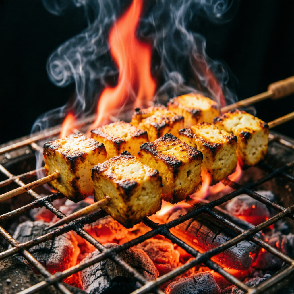Paneer skewers over live charcoal flames