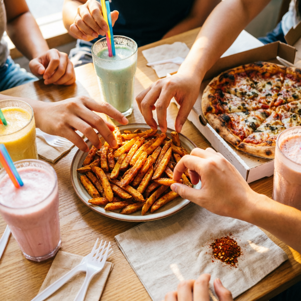 Friends sharing fries and shakes