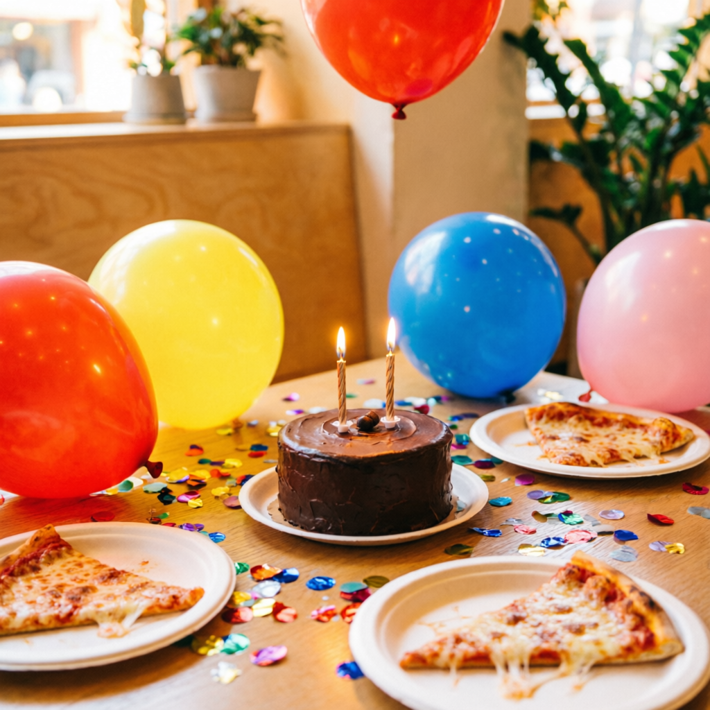 Birthday table with cake and balloons