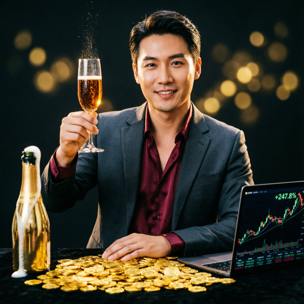 Successful funded trader celebrating with champagne and profits