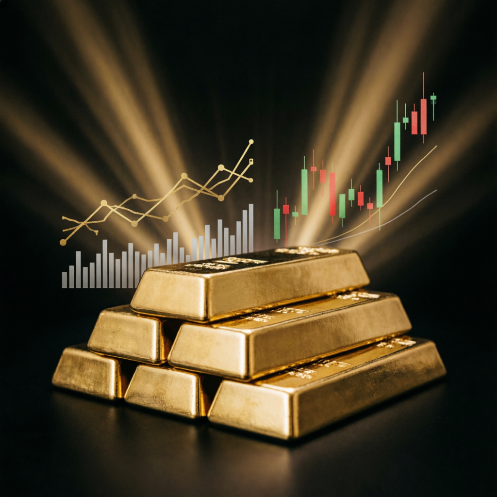 Gold futures trading with profit charts showing scaling growth