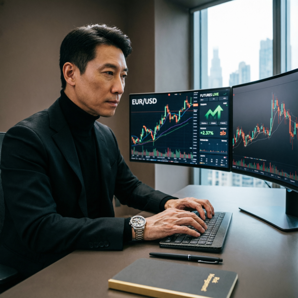 Professional trader analyzing Topstep evaluation process on multiple monitors