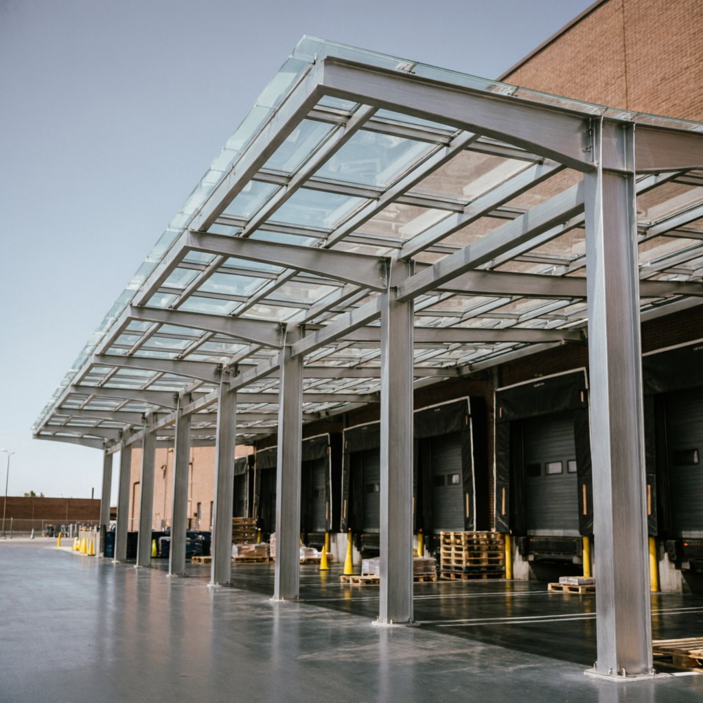 Cubierta y pérgola industrial de aluminio con vidrio en andén de carga
