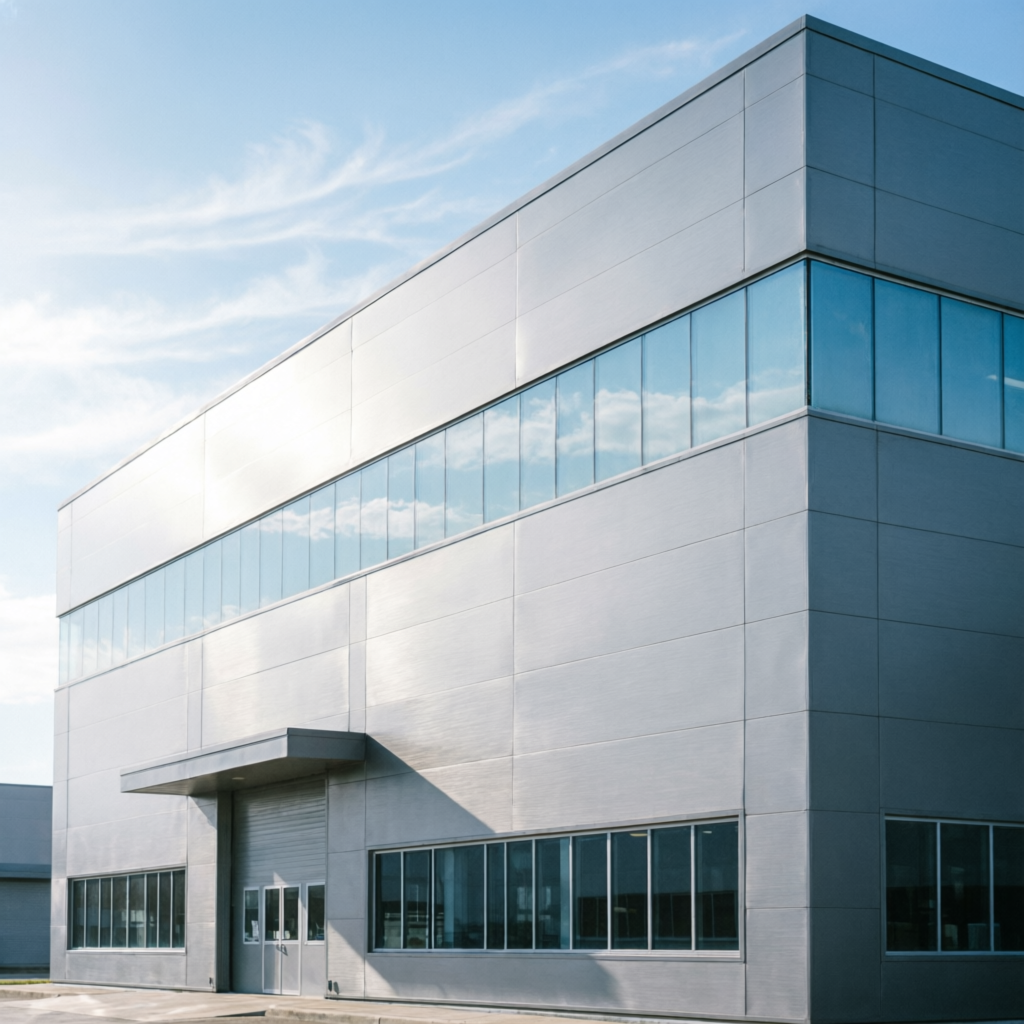 Fachada industrial con panel de aluminio y ventanería de vidrio
