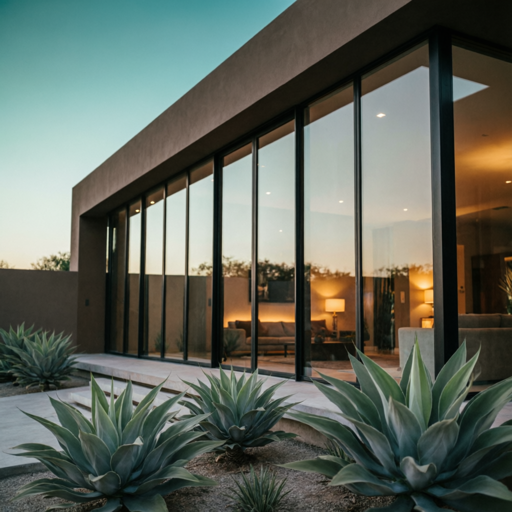 Fachada integral de vidrio templado con marcos de aluminio en residencia moderna de México