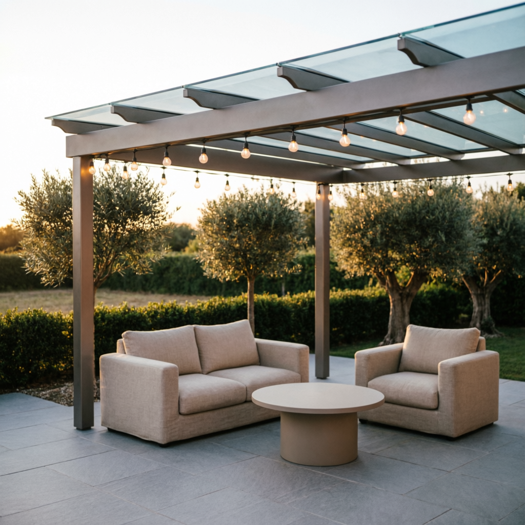 Pérgola de aluminio con cubierta de vidrio y área de estar exterior