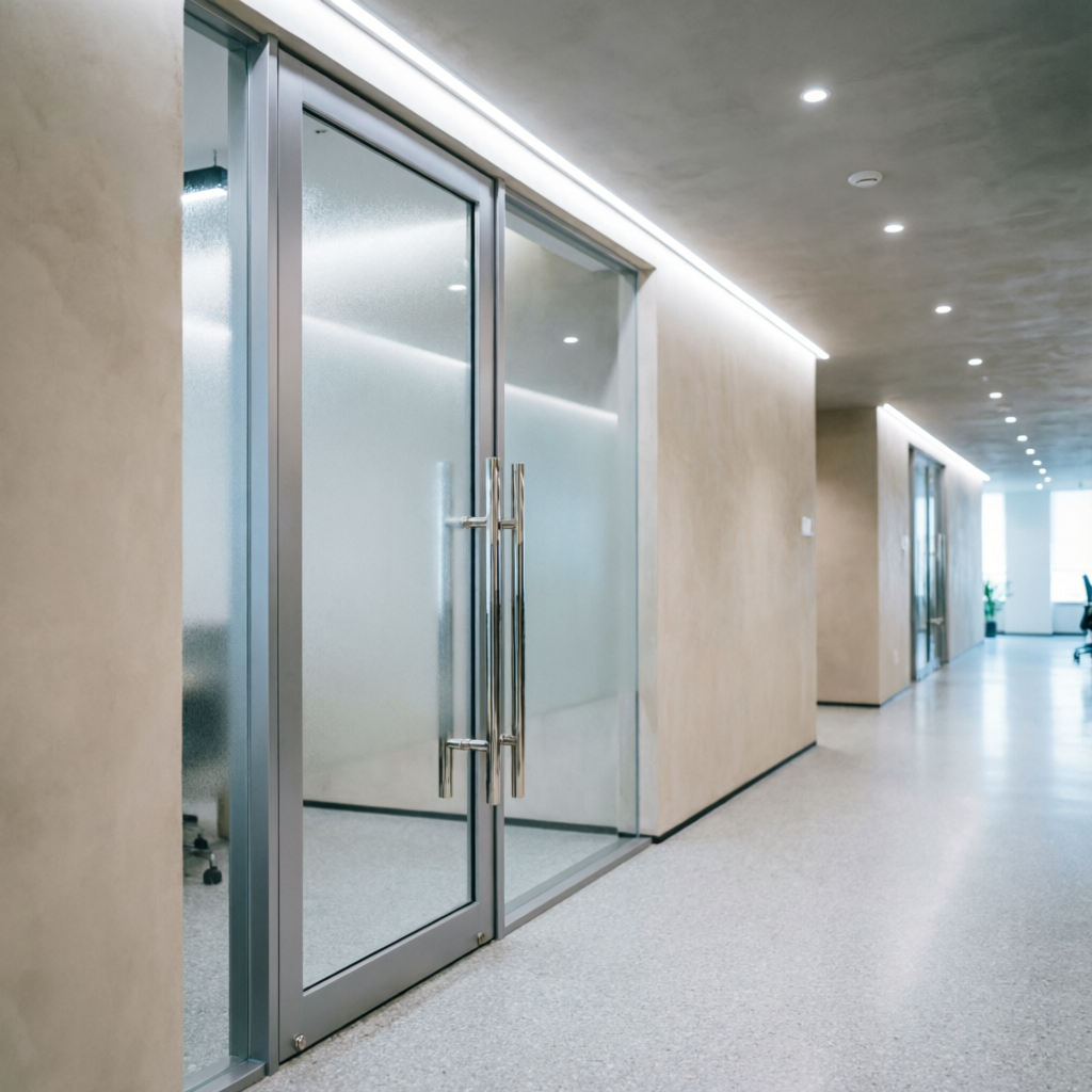 Puertas de vidrio templado con marco de aluminio en pasillo corporativo