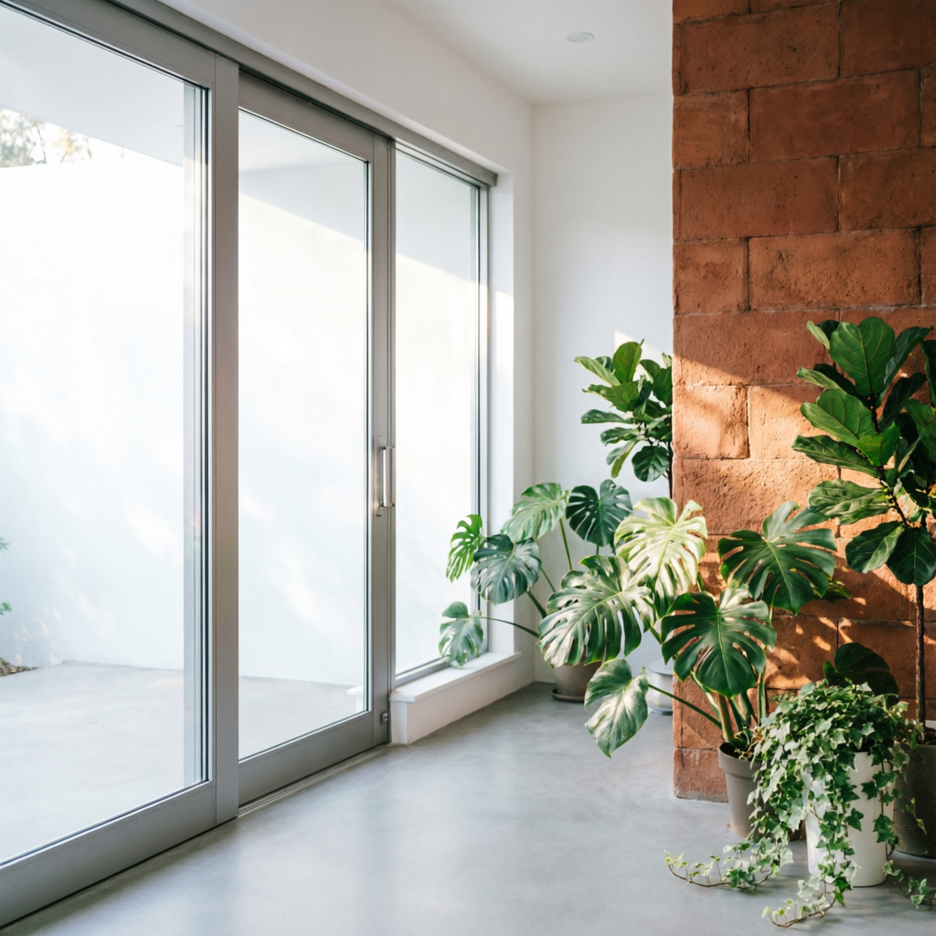 Cancelería de aluminio y vidrio: puertas corredizas en interior luminoso