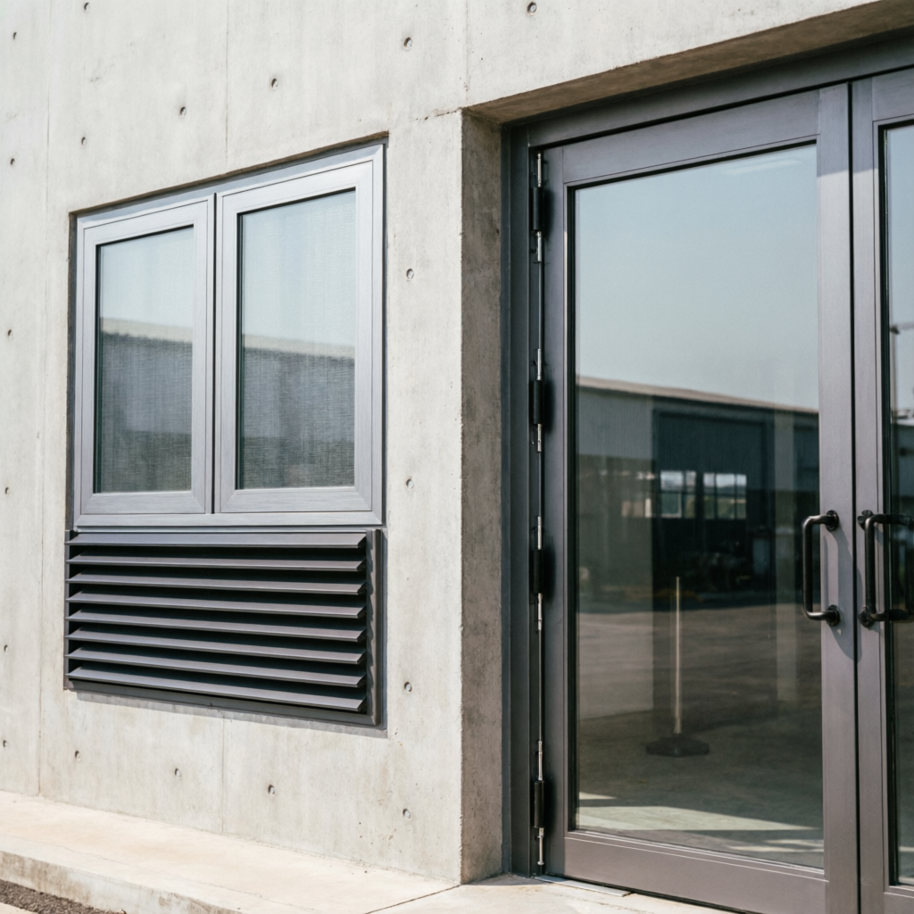 Cancelería industrial: ventana de aluminio con louvers y puerta de vidrio