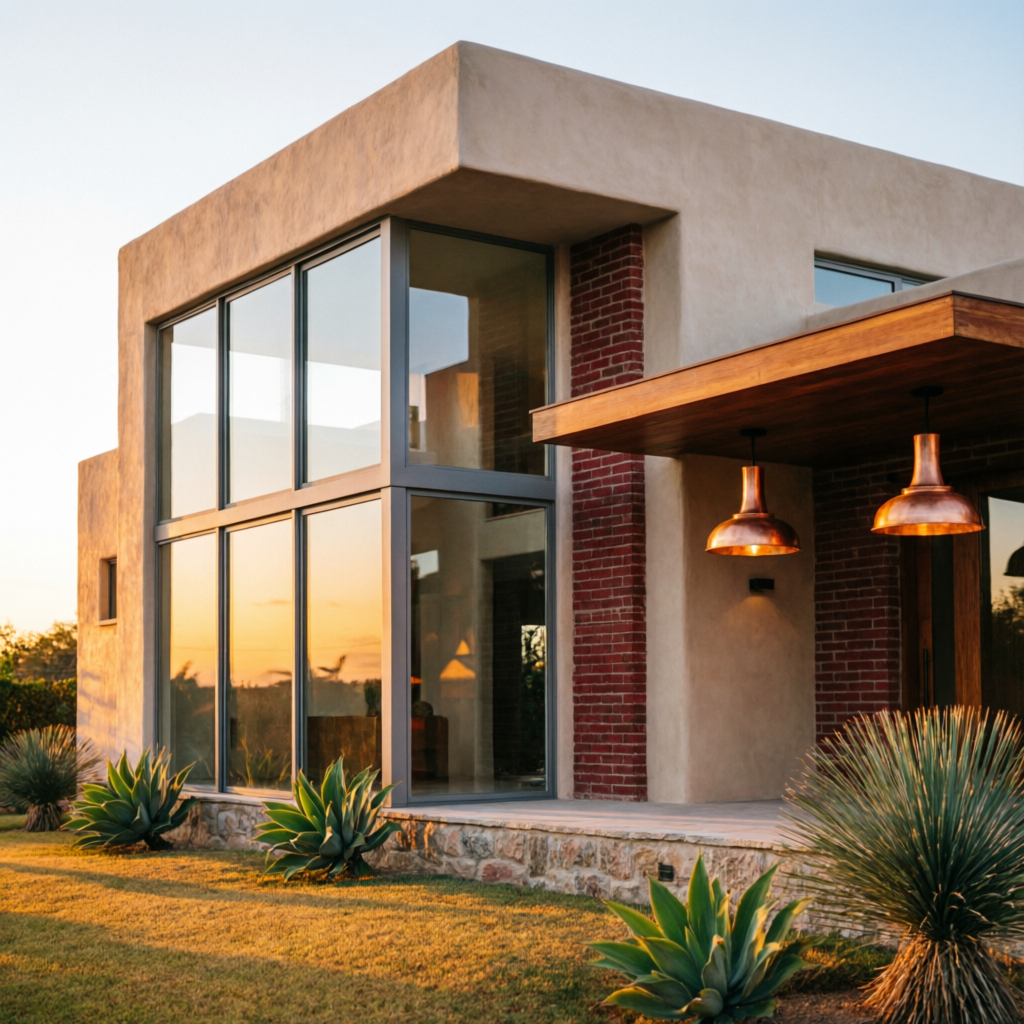 Casa moderna con ventanales de vidrio templado y marcos de aluminio