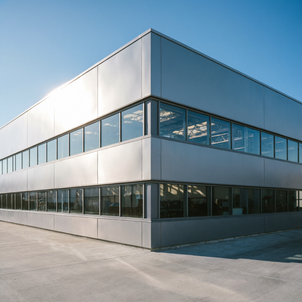 Nave industrial con fachada de aluminio y ventanas de vidrio