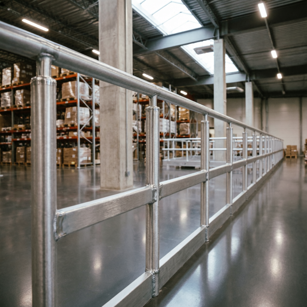 Barandales industriales de aluminio en mezzanine de almacén