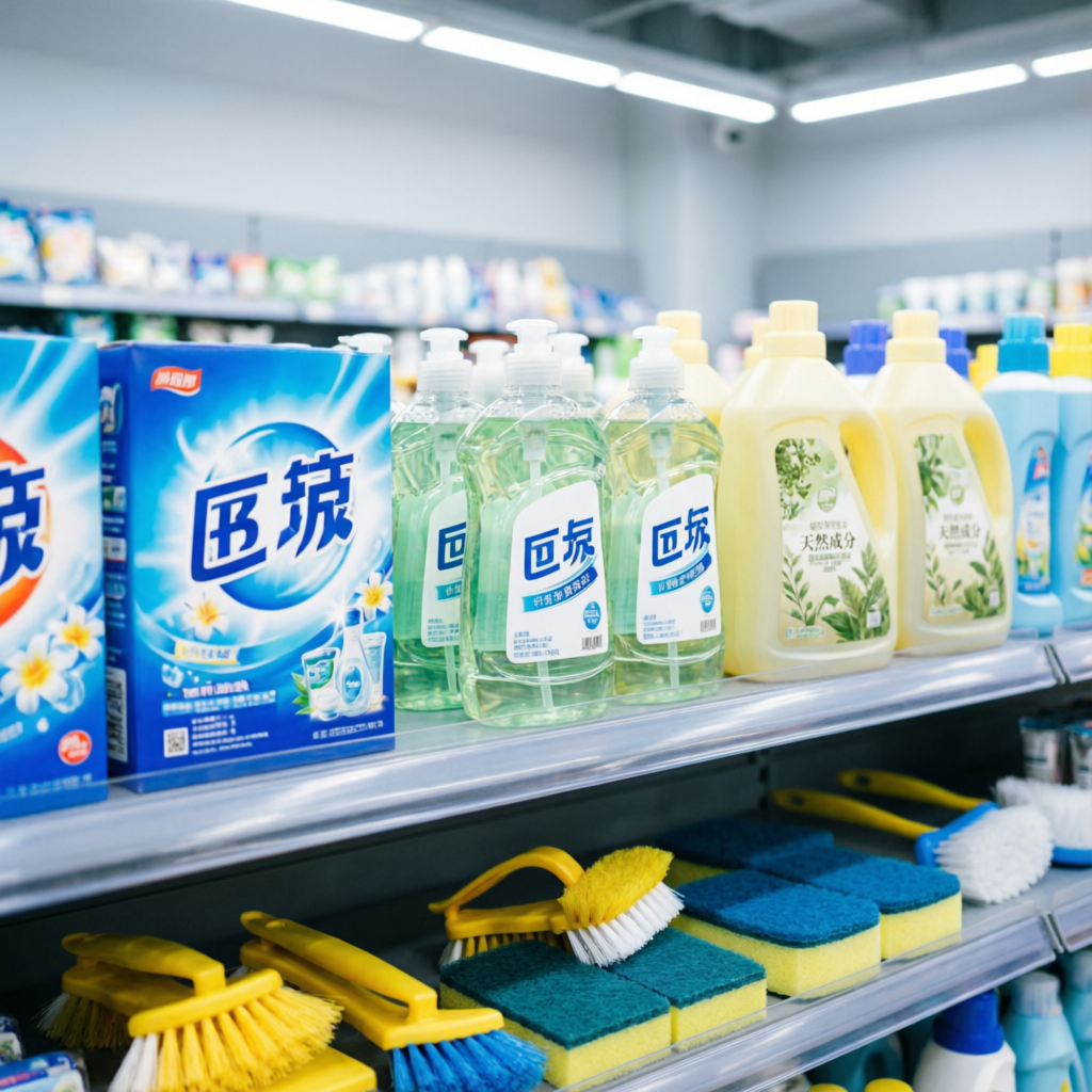 Daily essentials and household products shelf in Maharashtra grocery store